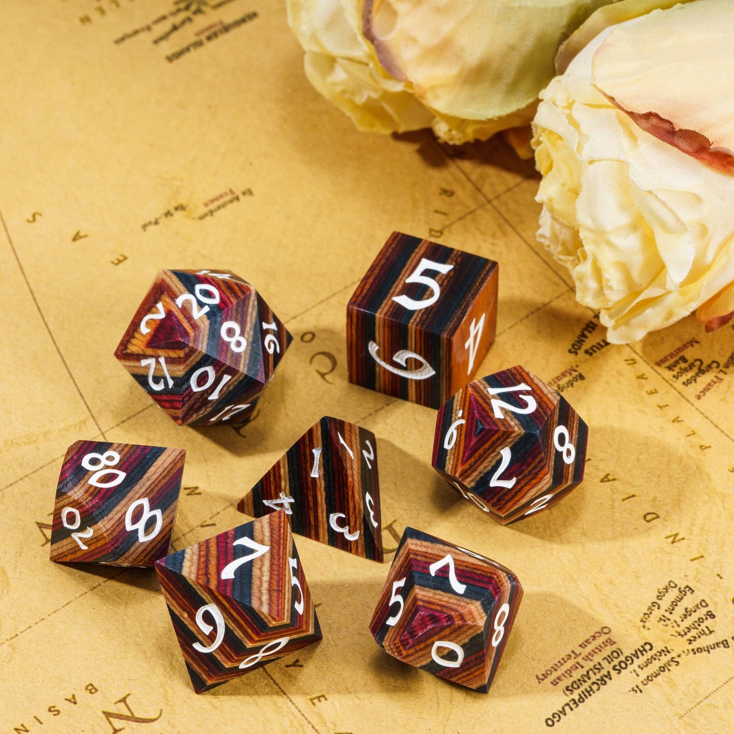 HDdais DND Dice Set 7PCS Wood Polyhedral Dice Set D&D with Metal Box for RPG Dungeons and Dragons Role Playing Tabletop Games (Y