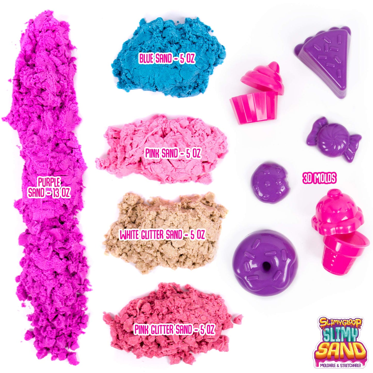Slimysand Sweet Treats, 2 Pounds Of Slimysand In 5 Colors (Pink Glitter, White Glitter, And Pink, Blue And Purple), 6 3D Molds & Reusable Box For Play. Super Stretchy & Moldable Cloud Slime!