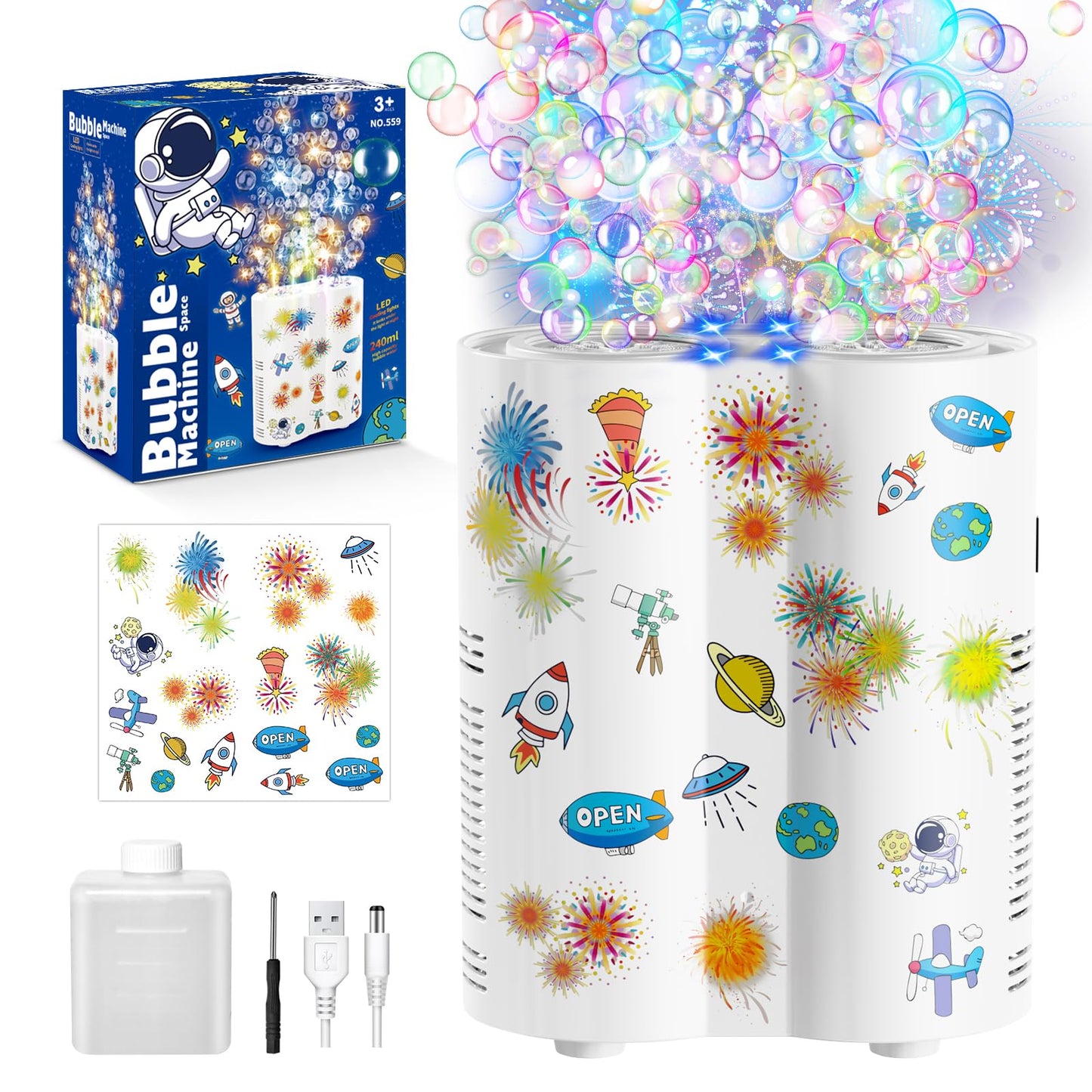 PANACARE Astronaut Soap Bubble Machine  Bubble Machine for Kids 20000+ Bubble per Min/Lights/DIY Stickers/240ml Solution Automatic Bubble Toy for Kids Summer Outdoor Party Wedding