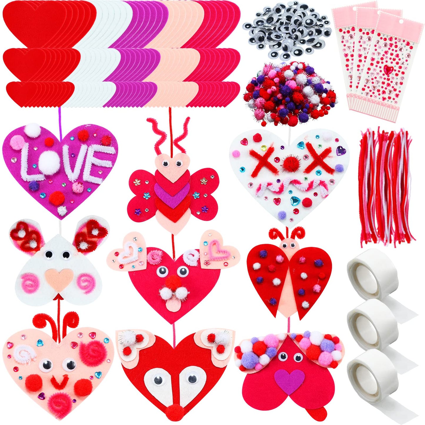 436 Pieces Valentines Day Felt Heart Craft Kit Assorted DIY Heart Ornaments Decorations with Pom-poms Cleaners Googly Eyes Gem 