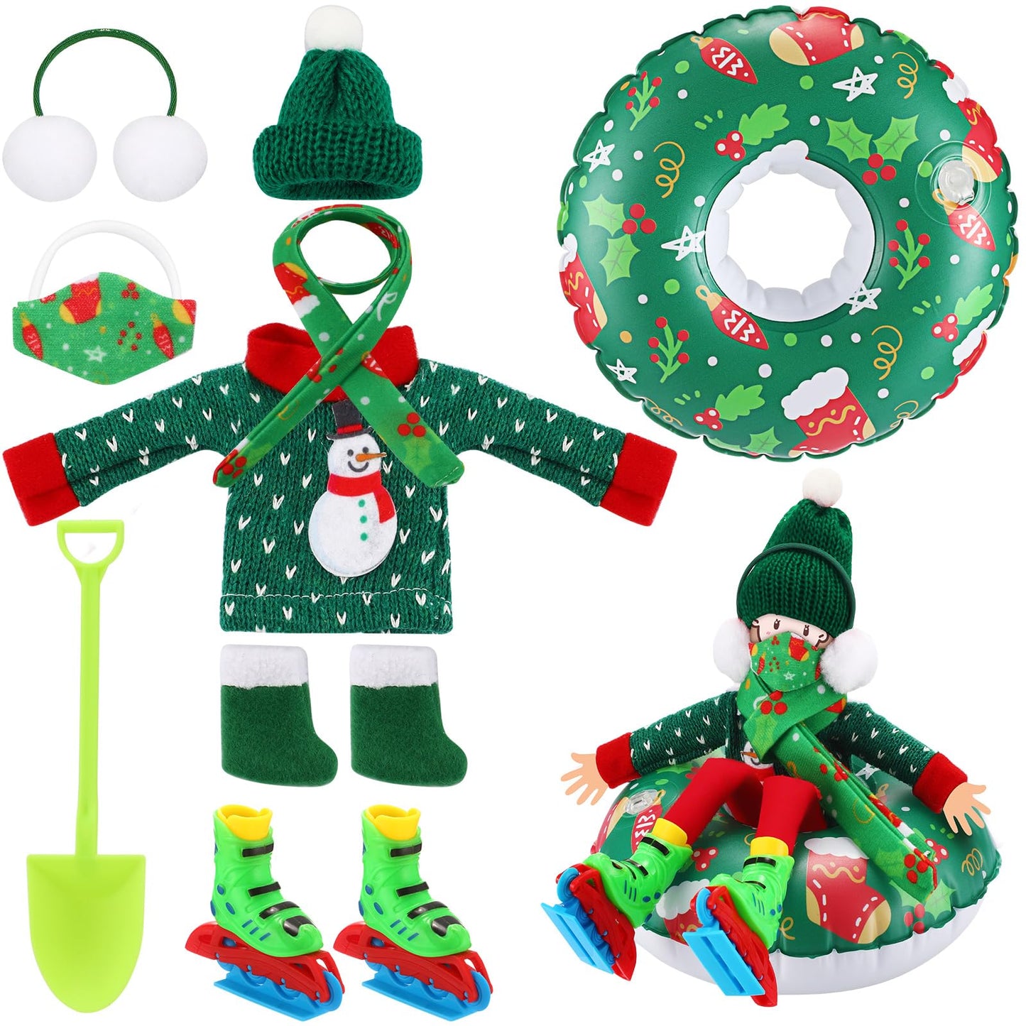 Jenaai 9 Pcs Christmas Elf Doll Accessories Set Christmas Elf Clothing Includes Ear Muffs, Scarf, Sweater, Boot, Inflatable Snow