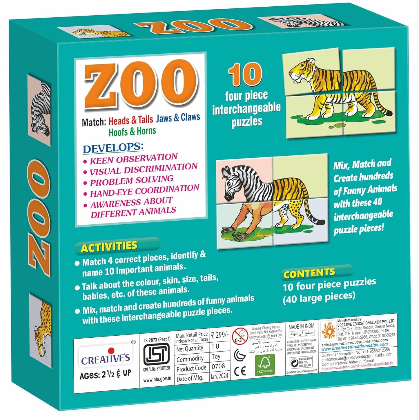 CreativeS Zoo - Animal Jigsaw Puzzles -Match Head And Tails, Jaws And Claws And Hoofs And Horns Puzzles - Eye Hand Coordination 