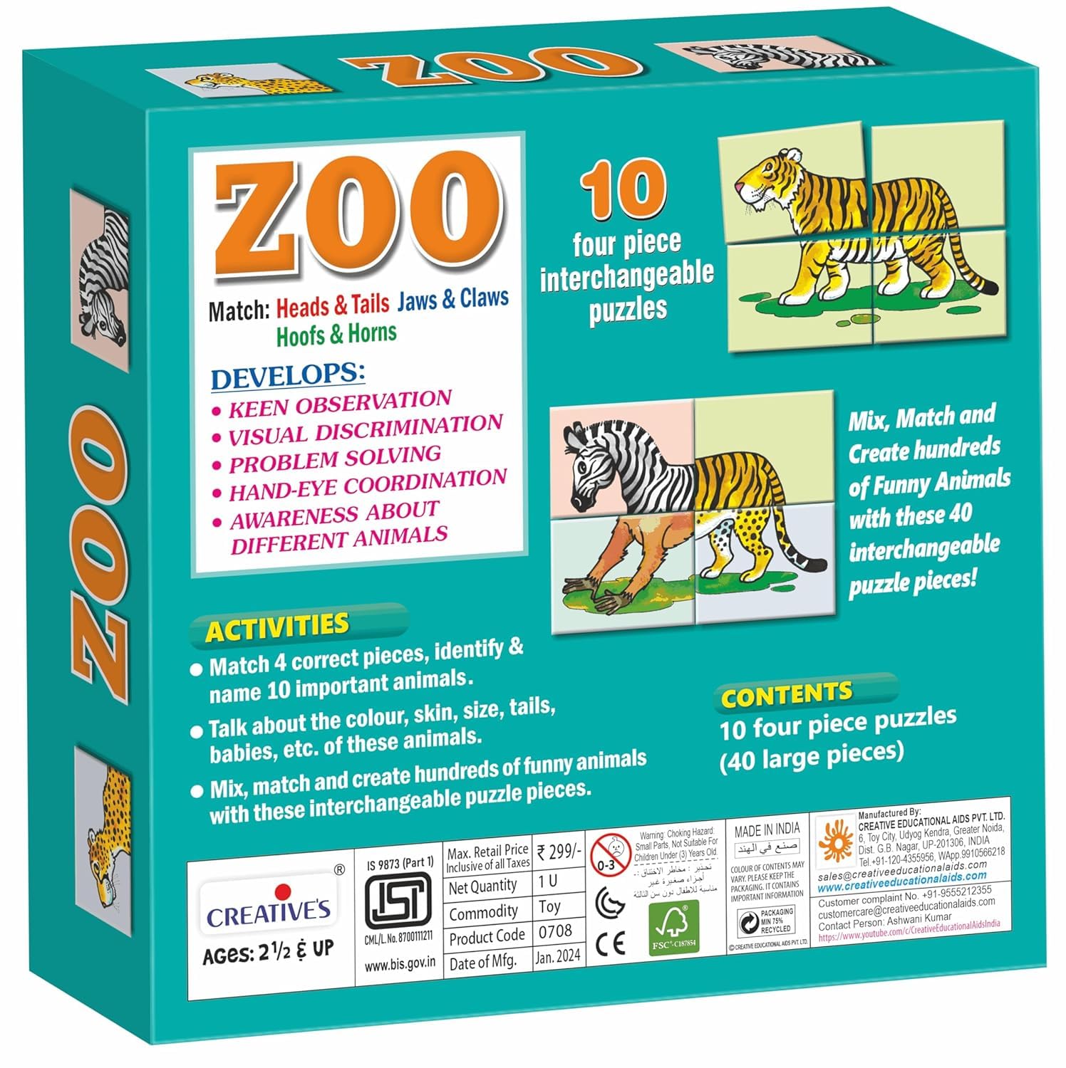 CreativeS Zoo - Animal Jigsaw Puzzles -Match Head And Tails, Jaws And Claws And Hoofs And Horns Puzzles - Eye Hand Coordination 