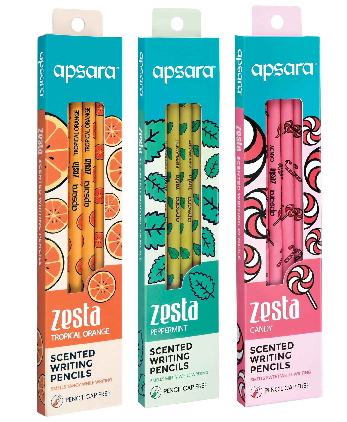 Apsara Zesta Scented Pencils | Tropical Orange, Candy & Peppermint 3 Unique Fragrances | Eraser Attached & Pencil Cap Included, 