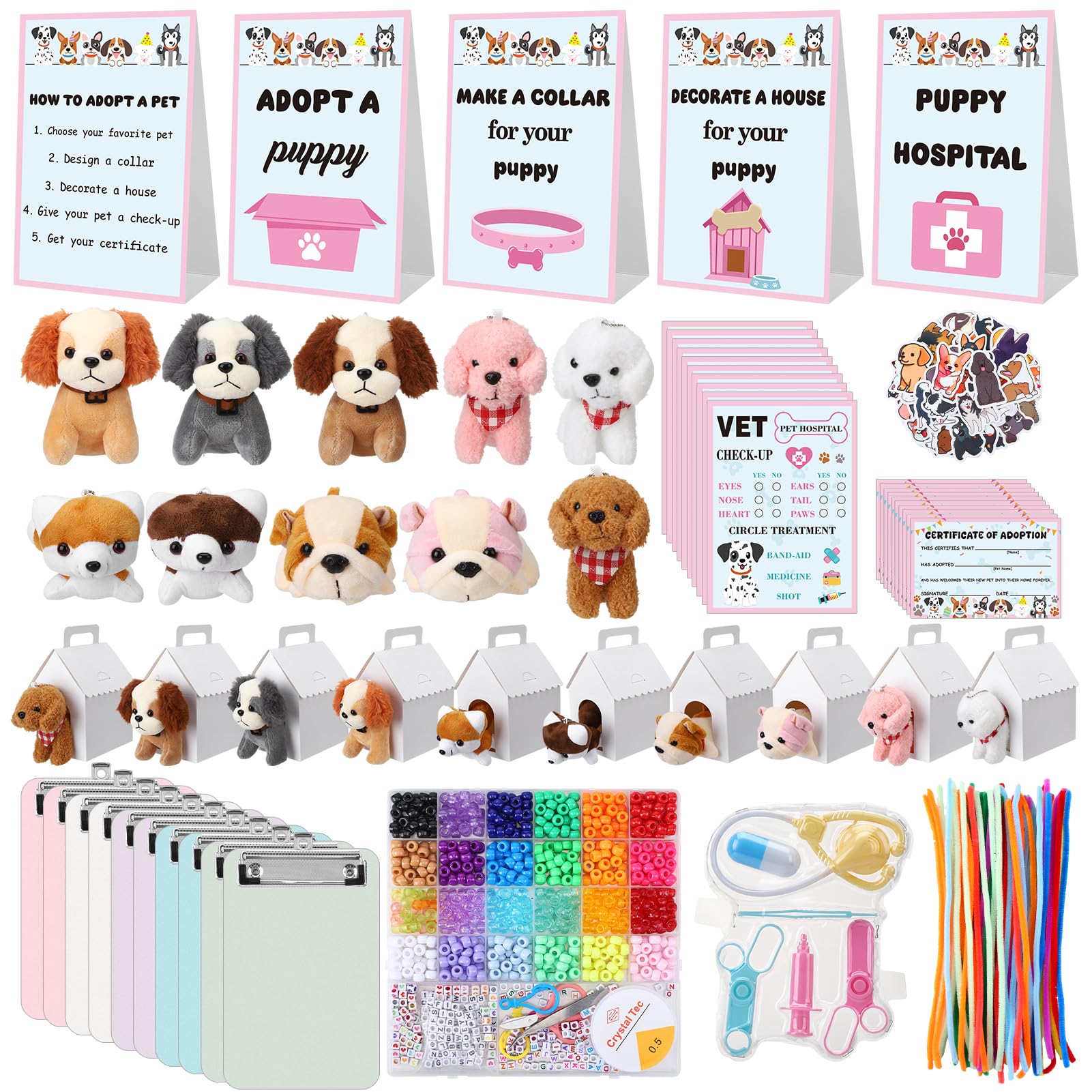 Guiqulai 207 Pcs Adopt a Puppy Party Favors Pet Adoption Station Package Include 10 Mini Plush Dogs 10 Boxes and 187 Adopt a Pup