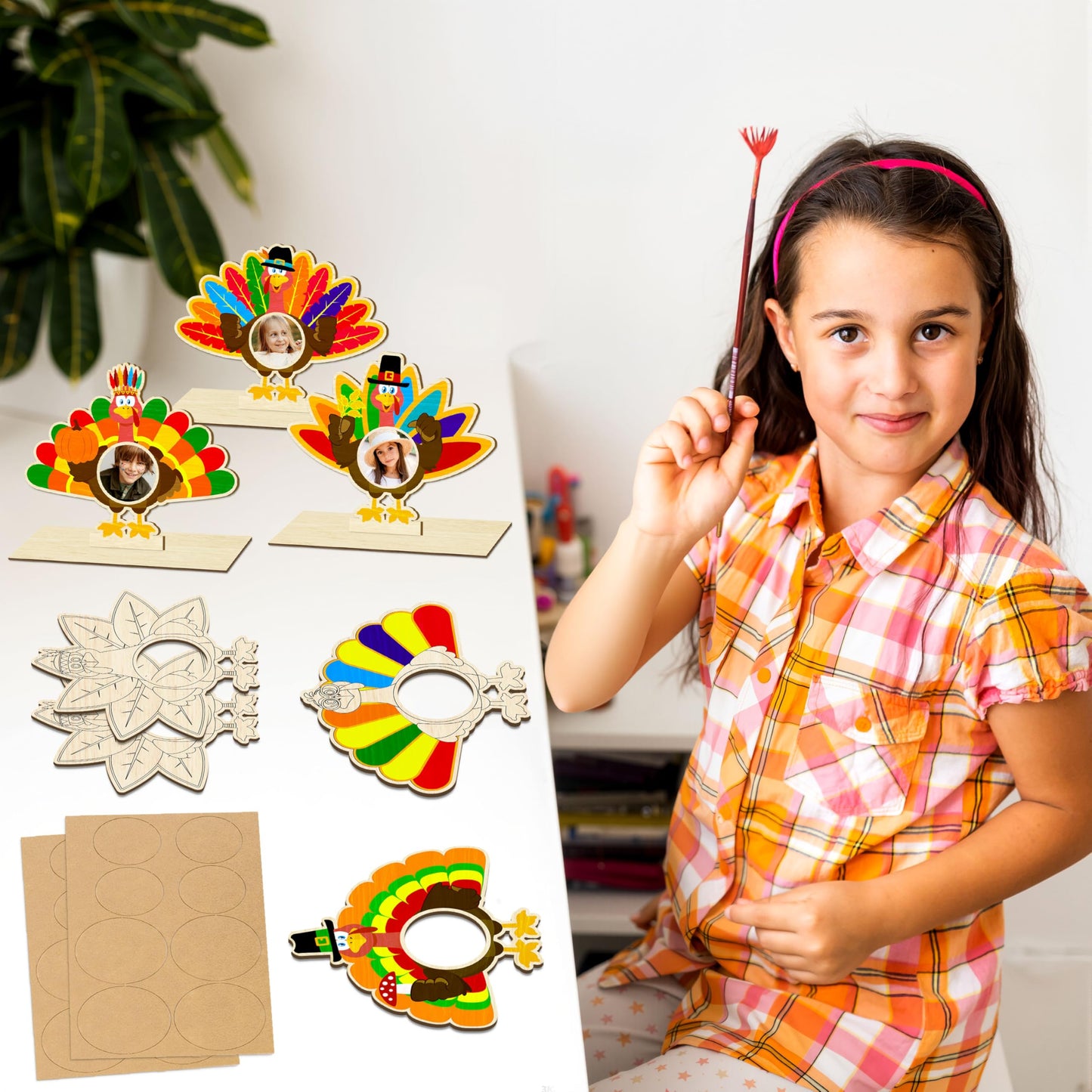Moon Boat 16Pcs Thanksgiving Crafts Wooden Turkey Picture Frame DIY Painting Arts Kit Fall Party Favors Classroom Activities Tab