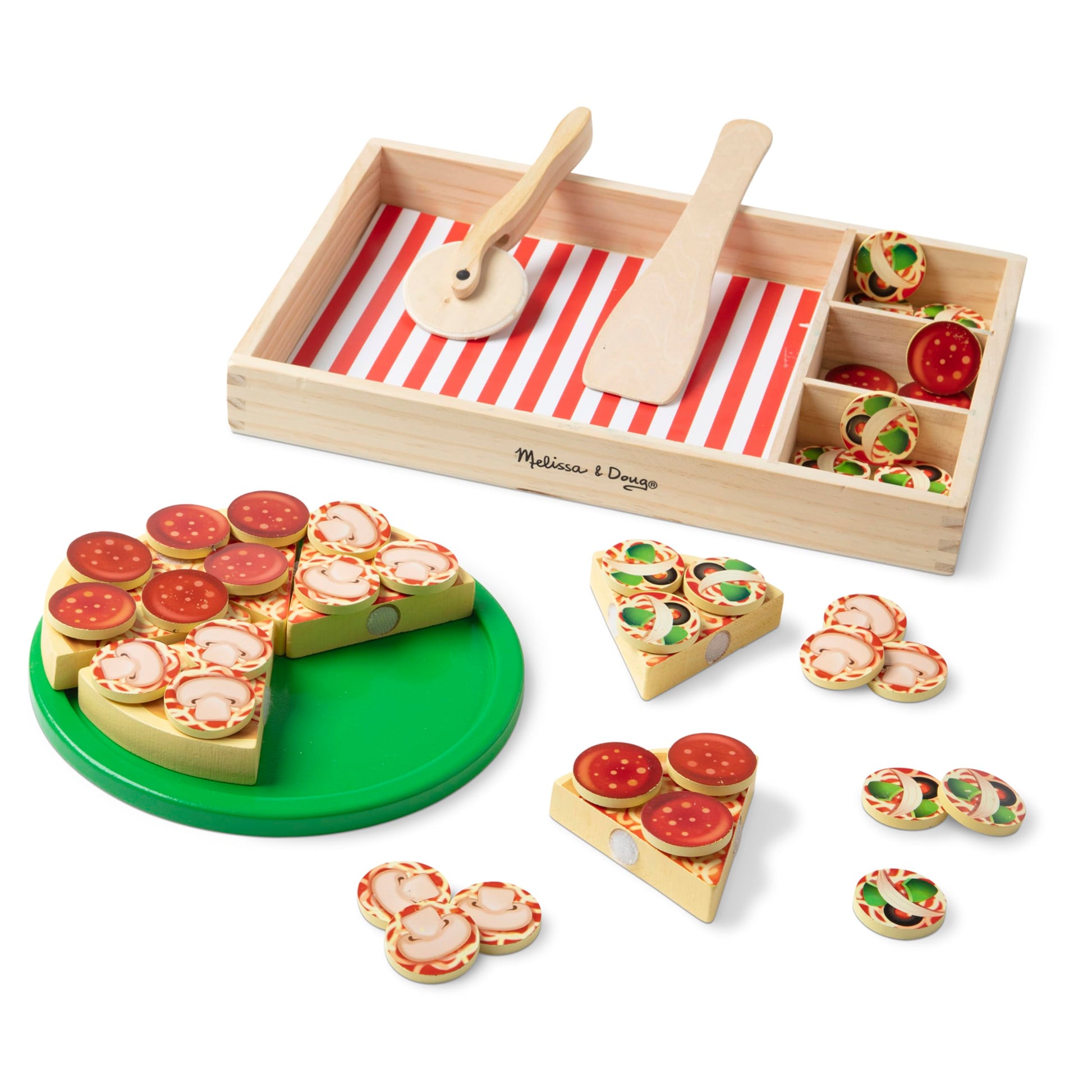 Melissa & Doug Pizza Party Wooden Pretend Play Food Set With 36 Toppings, Preschool Toy Pretend Food, Play Wooden Pizza And Cutt