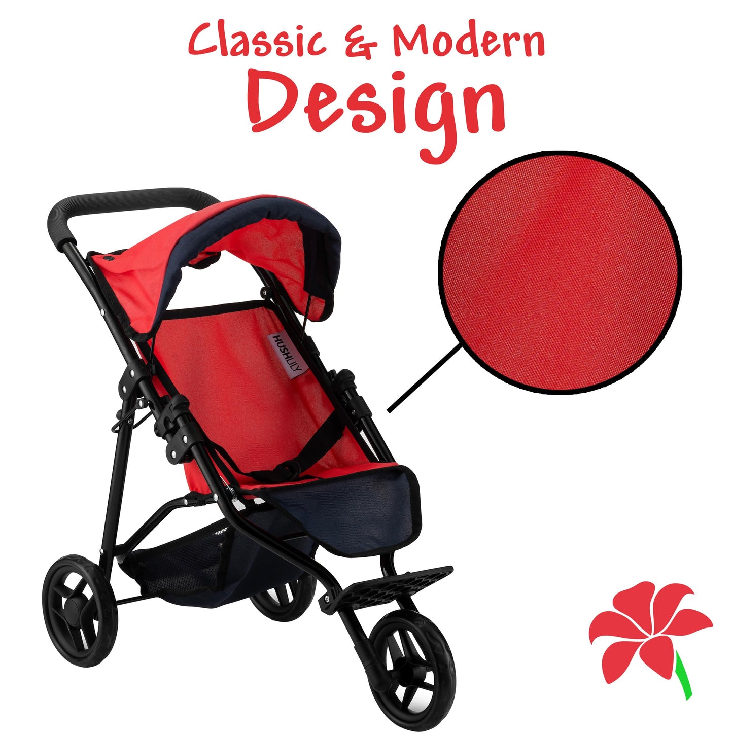 Baby Doll Stroller For Dolls - Jogger Toy Doll Stroller For Toddlers 3 Years And Up, Adjustable Canopy & Storage Basket, Red Design For Kids