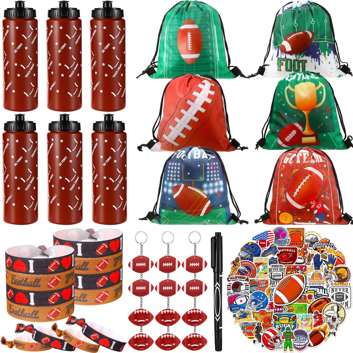 Maxdot 81 Pcs Football Party Favors Set Water Bottle Drawstring Bags Acrylic Keychain Knotted Bracelet 50 Stickers Oil Pen Sport
