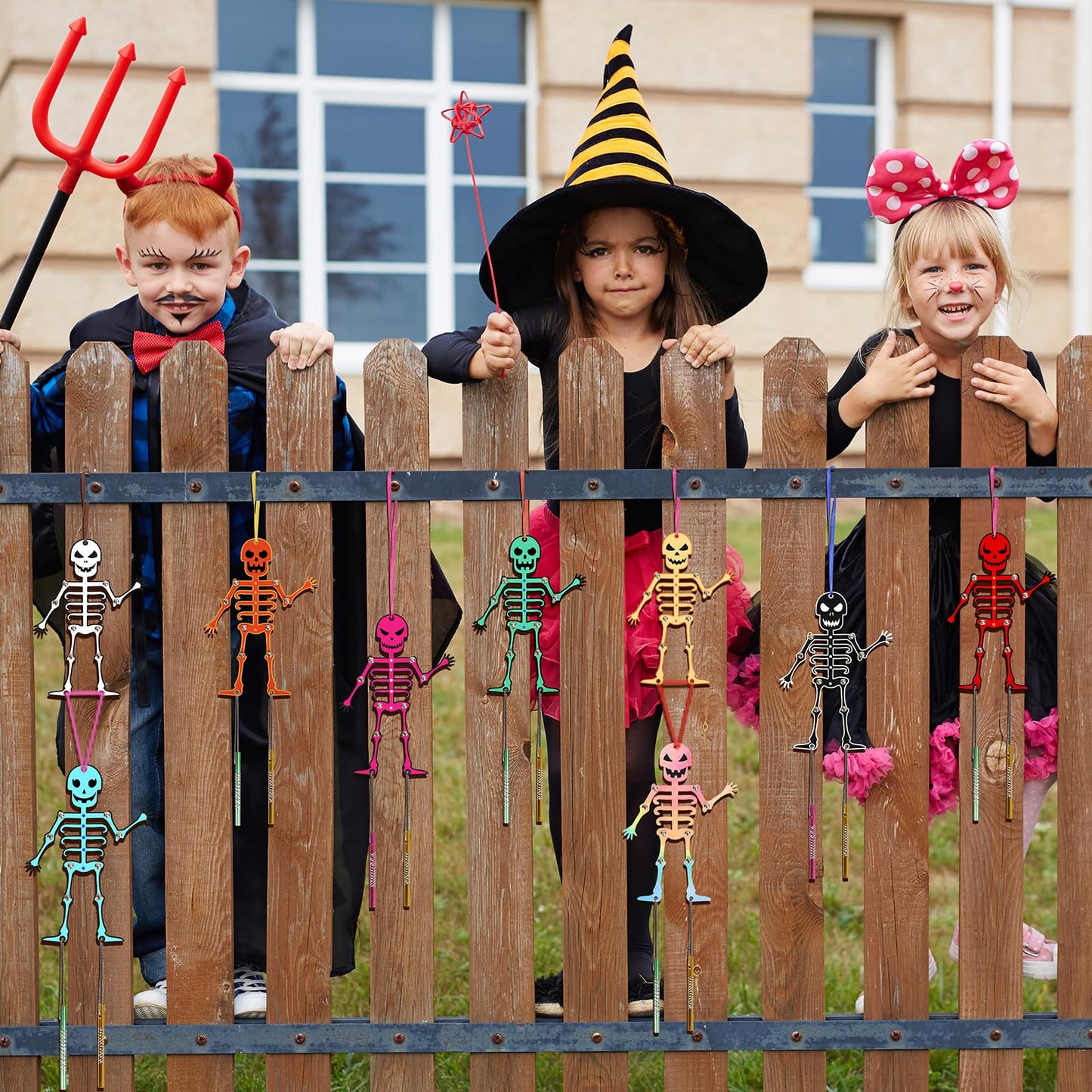 Fennoral 9 Pack Skeleton Wind Chime Kit For Kids Make You Own Skeleton Wind Chime Hanging Ornaments Diy Coloring Wooden Hallowee