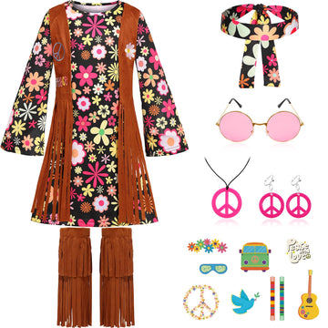 Skcaiht Girls Hippie Costume 60S 70S Outfits Halloween Party Dress Up (Black, 6-7 Years)