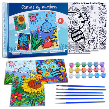 3 Pack Paint By Numbers For Kids Ages 8-12, 10*8''Color By Number For Kids Framed Canvas With 18 Acrylic Paint Pots And 6 Brushe