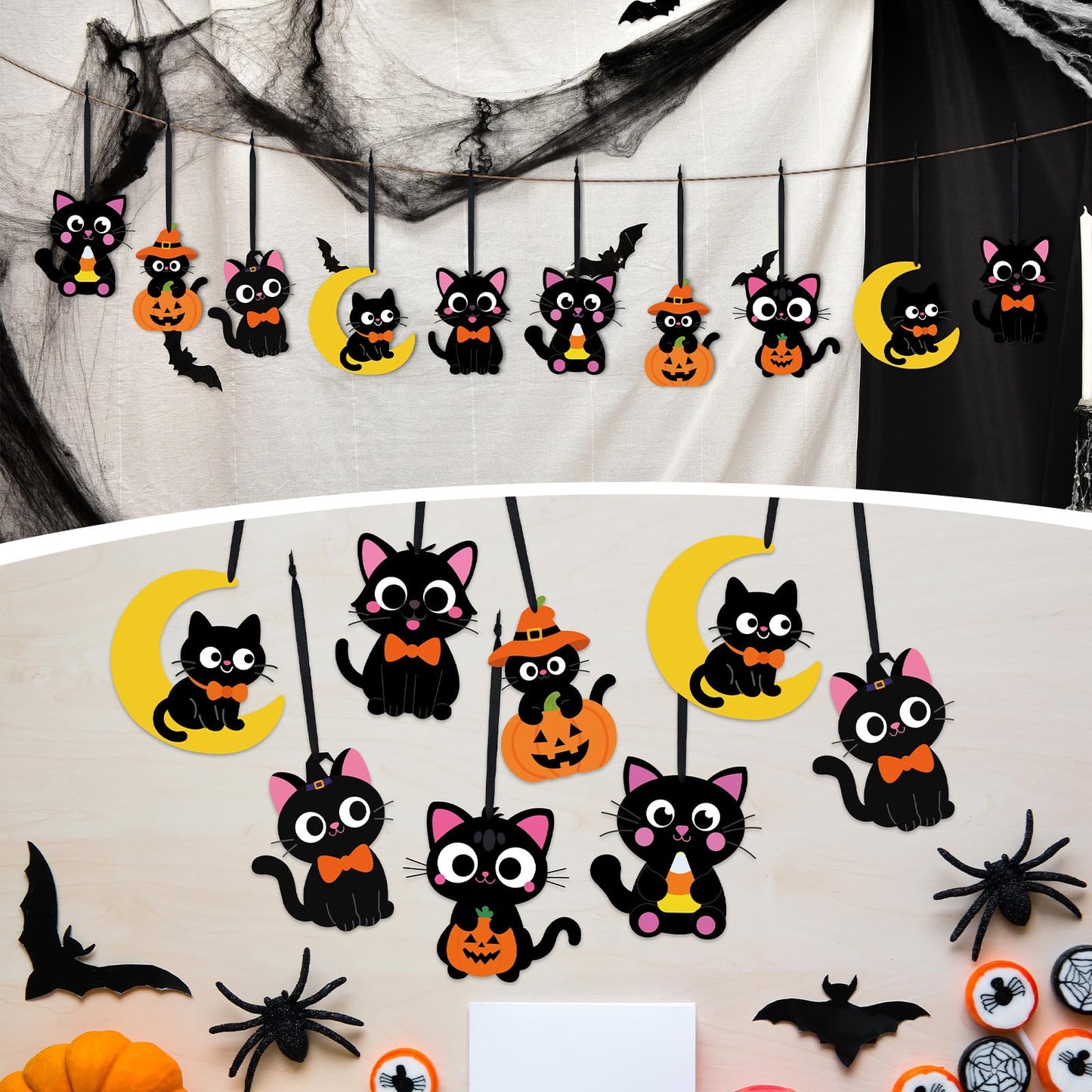 Yexiya 24 Sets Halloween Craft Kits Black Cat Crafts DIY Hanging Ornaments with Sticker and Ribbon Pumpkin Moon Corn Paper Hangi