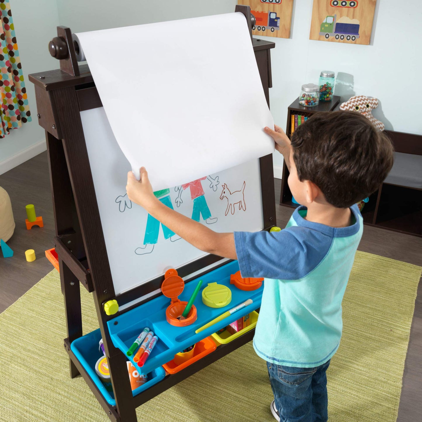 KidKraft Wooden Storage Easel with Dry Erase and Chalkboard Surfaces, Childrens Art Furniture - Espresso, Gift for Ages 3+