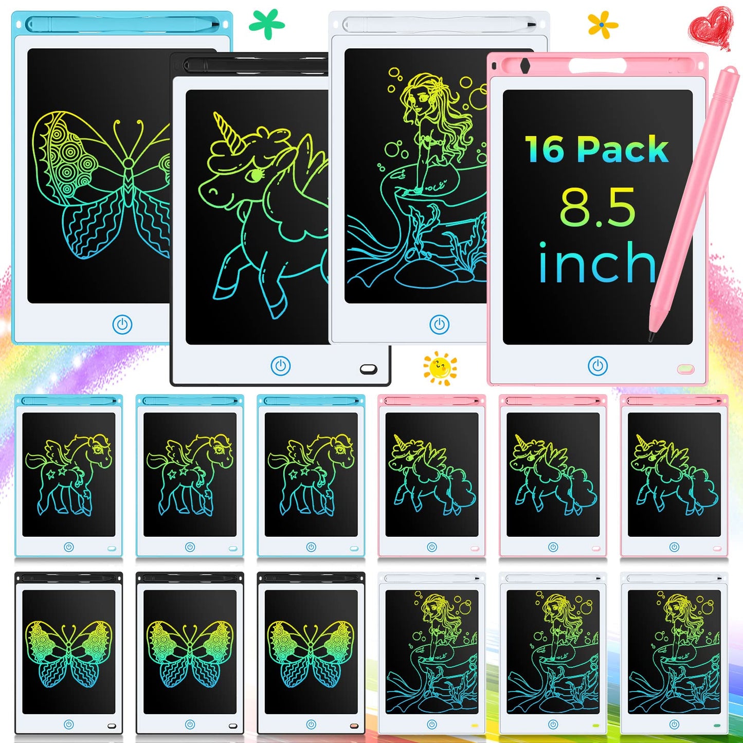 Epakh 16 PCS LCD Writing Tablet for Kids - 8.5 Inch Reusable Writing Board Drawing Doodle Pad Gift for Girl & Boy, Toddlers, Bac