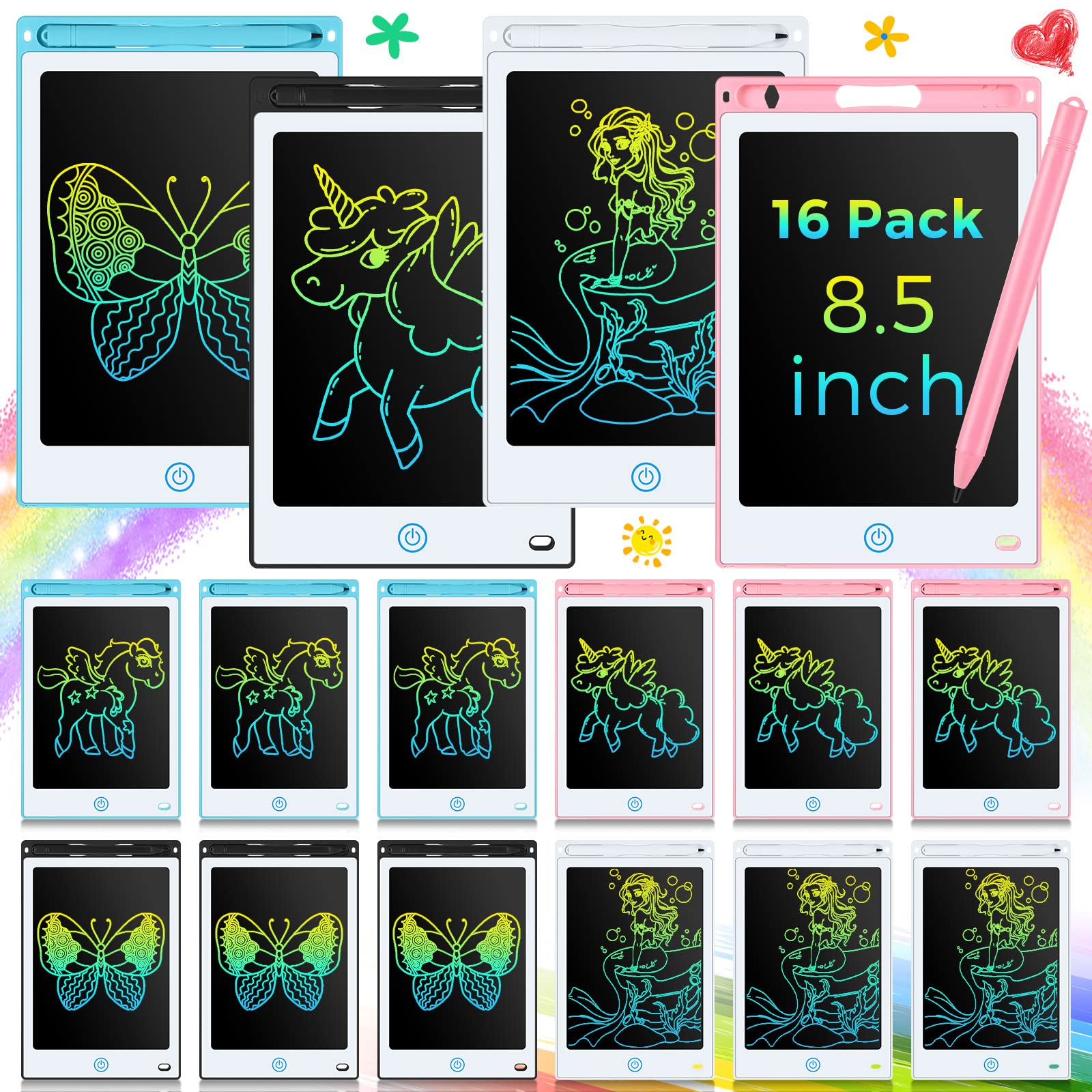 Epakh 16 PCS LCD Writing Tablet for Kids - 8.5 Inch Reusable Writing Board Drawing Doodle Pad Gift for Girl & Boy, Toddlers, Bac