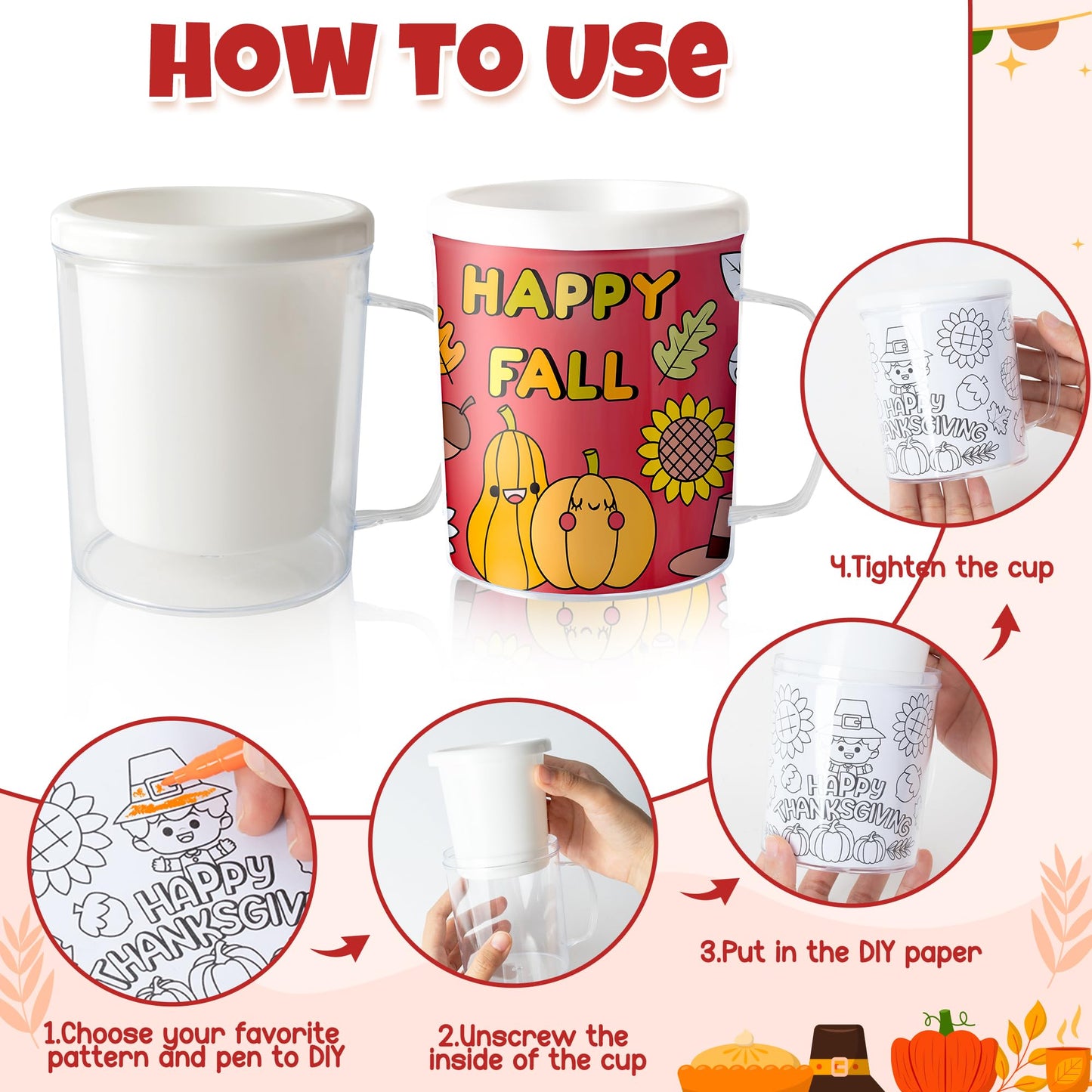 Thanksgiving Color Your Own Mugs for Kids-12Pcs Fall Bulk 8oz Personalized Coffee Mugs with 36Pcs Insert Paper Autumn Pumpkin Tu