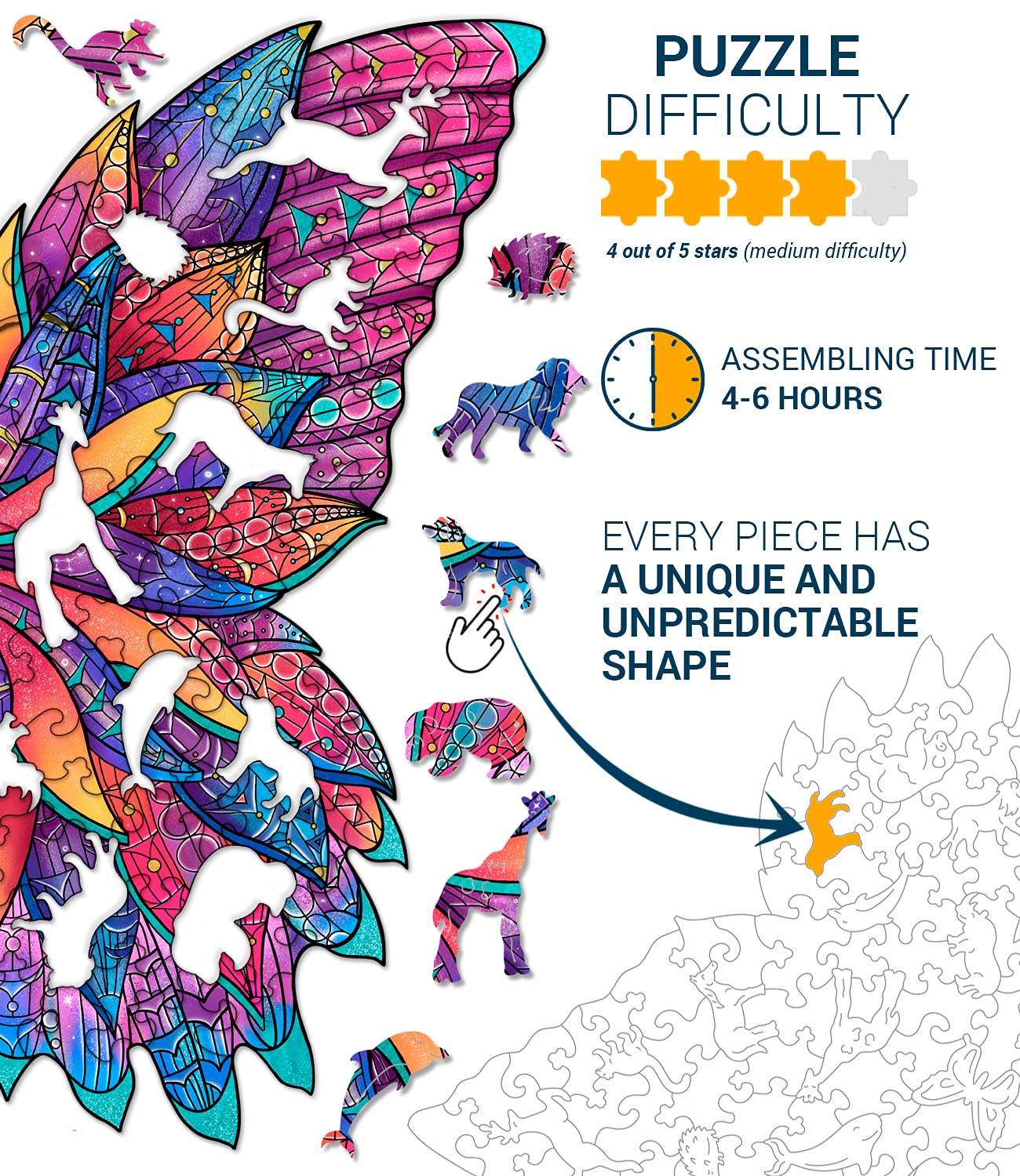 Hodslen Woods - Animal Wooden Jigsaw Puzzles for Kids (12+ Years) mature-themed  Teens  Family; Majestic Animal Shaped Natural Wood Puzzle  Medium Level 15x15 in. (38x38 cm) 180 pcs  XL - Size - Butterfly
