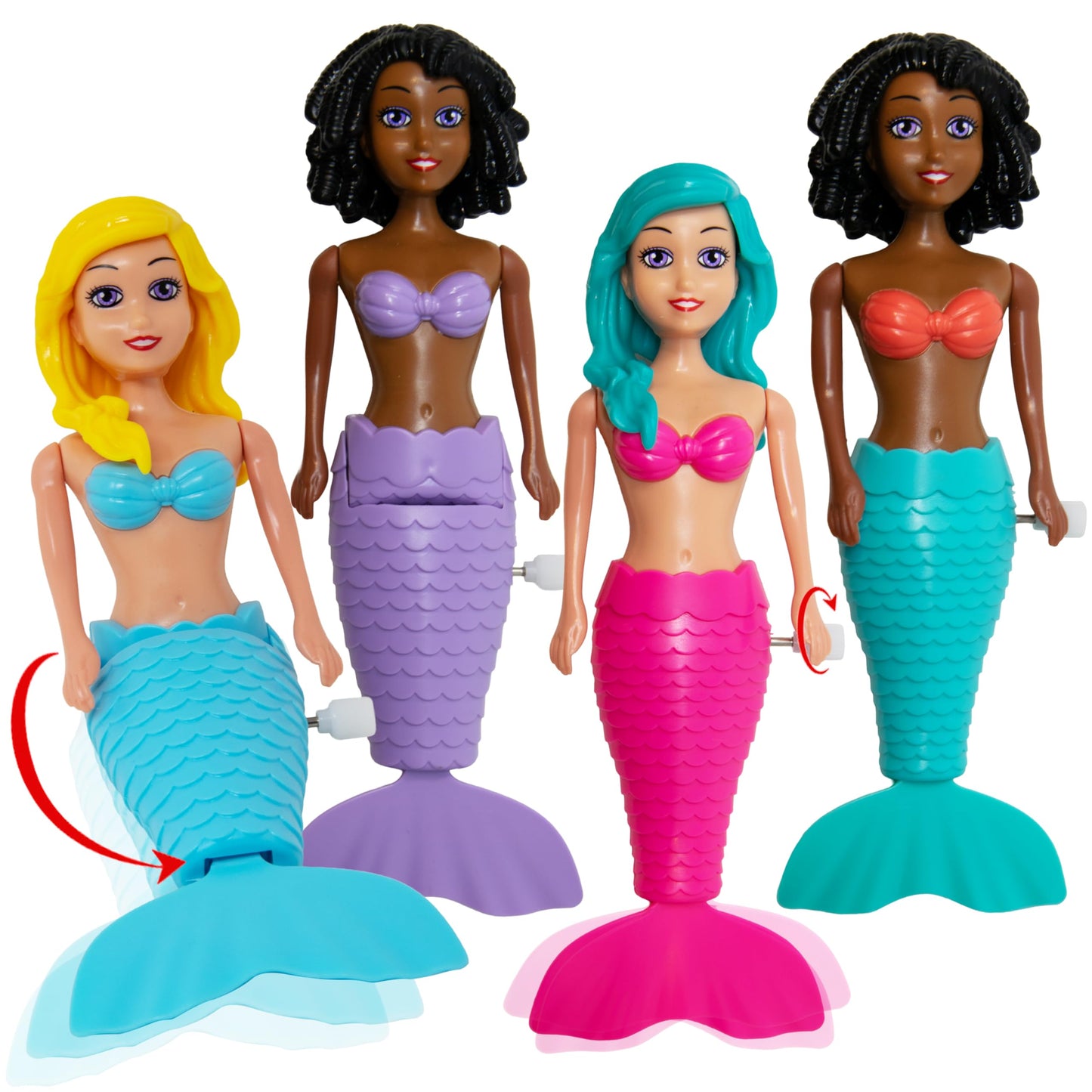 Kiddie Play Mermaid Toys - 4 Pc Wind-Up Mermaid Dolls Bath and Pool Swim Toys for Kids Toddlers, Mermaids Gifts for Girls