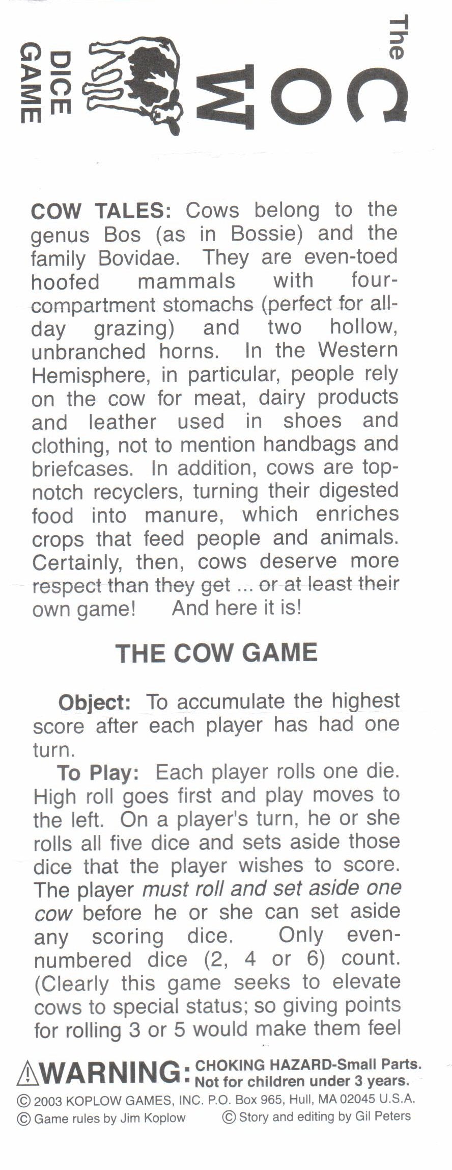 Koplow Games Cow Dice Game - Standard 15mm-17mm, White, Mixed Material, Model 12264