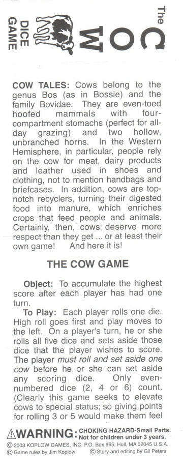 Koplow Games Cow Dice Game - Standard 15mm-17mm, White, Mixed Material, Model 12264