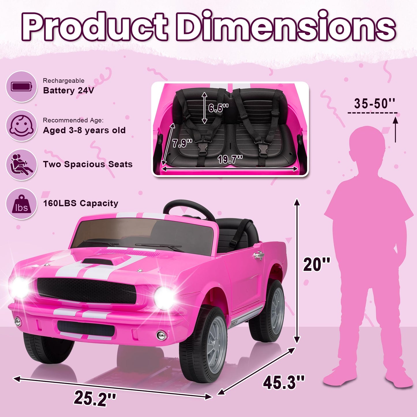 Wanan 24V Licensed Shelby Electric Car for Kids, Ride On Toy with Remote Control, Bluetooth Music, Adjustable 3 Speed, Multiple
