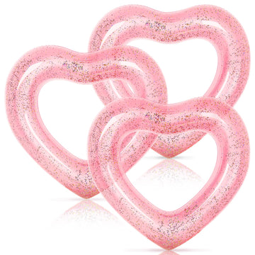Whaline 3Pcs Inflatable Heart Pool Float With Glitter Inside Rose Gold Swim Heart Shaped Pool Rings Float Loungers Tube For Summer Swimming Pool Beach Bachelorette Party, 47.3 X 39.4 Inch