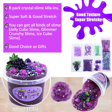 Clear Slime For Kids, Purple Grape Slime Kit For Girls And Boys Age 8-12, Crunchy Slime With Jelly Cubes, Non Stick Slime With 8 Packs Slime Add Ins, Kids Party Favors, Birthday Christmas Easter Gifts