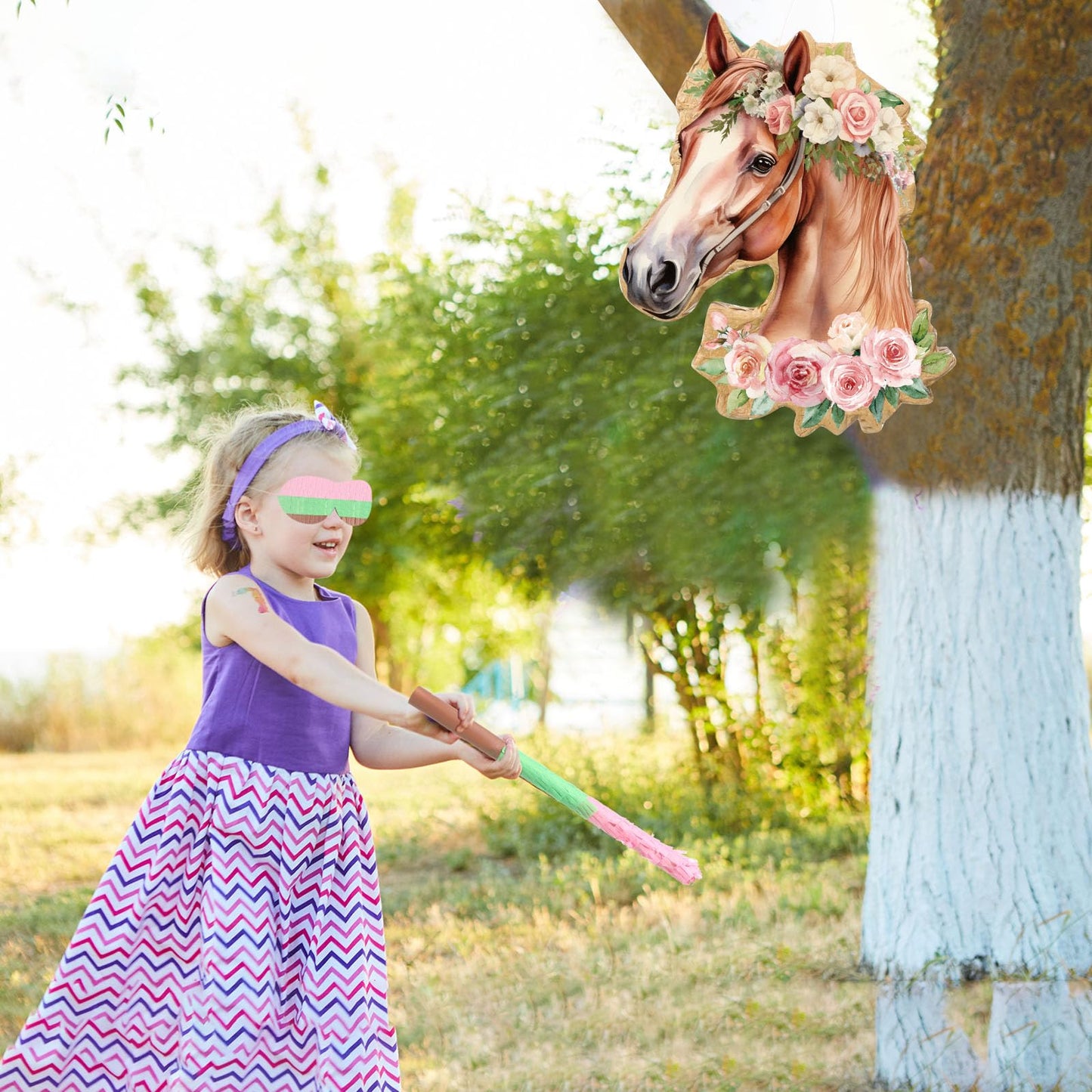 Pajean Horse Piata Decoration Cowgirl Western Piata with Stick Blindfold Photo Prop Gift Holder for Girls Kids Bridal Shower Bir