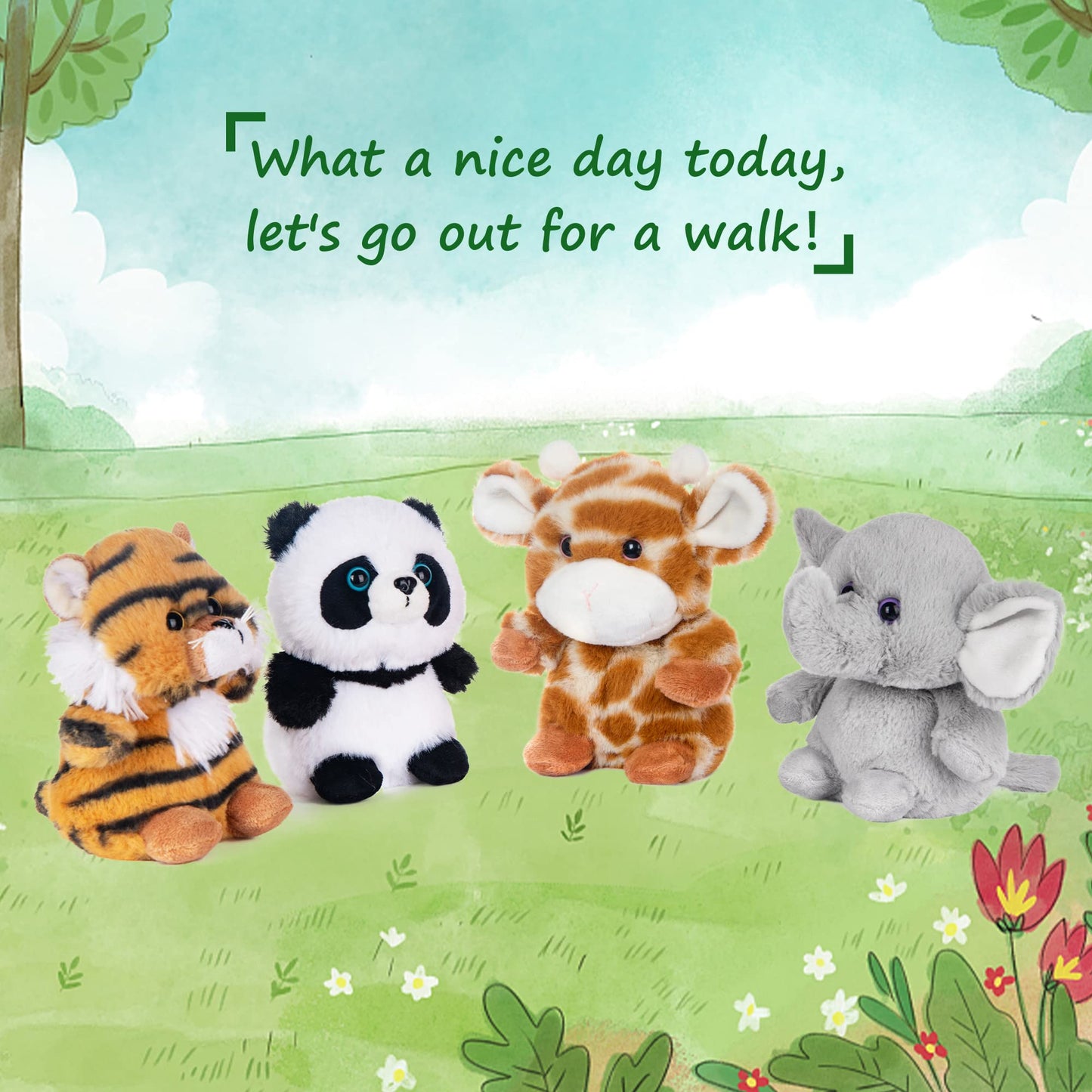 My Oli 5'' Forest Animal Plush Set - Panda, Elephant, Giraffe & Tiger Bundle For Kids & Babies (Pack Of 4)