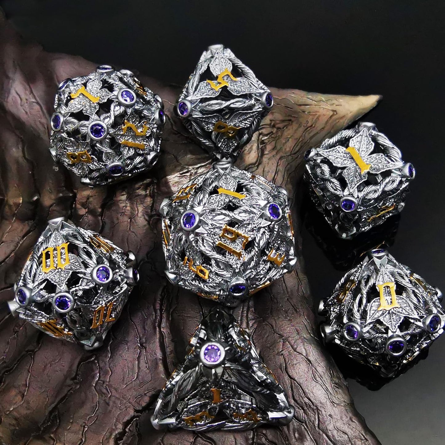 Haomeja Hollow Magic Vine Leaf Dnd Dice Set Metal Dice Set 7 Role Playing Dice D&D Dungeons And Dragons Dice (Gray + Purple Gem)