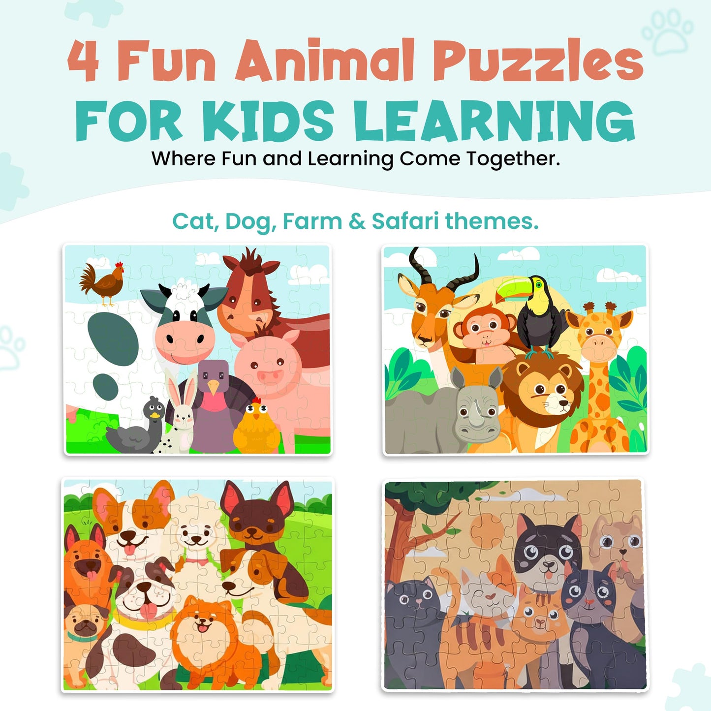 Jumbo Wooden Floor Puzzle for Kids Ages 3-5 - 4 Pack Animal Puzzles, 48 Piece Each |Educational Preschool Toddler Puzzle Gift Se