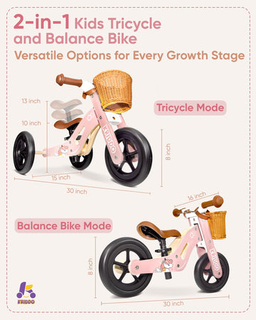 KRIDDO 2 in 1 Wooden Kids Tricycle and Balance Bike for 1-4 Years Old, No-Pedal Tricycle and Toddler Balance Bike with Basket an