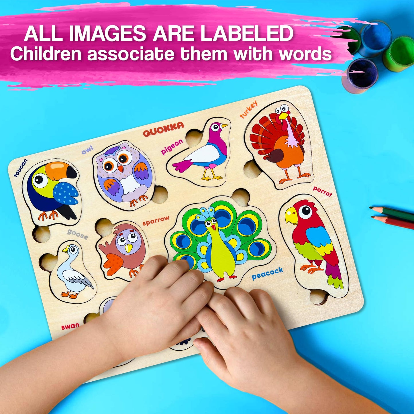 Quokka Wooden Puzzles For Toddlers Ages 1-3-5 - Animal Peg Puzzles For Kids 2-4 Years Old - Set Of 3 Wood Learning Travel Toys F