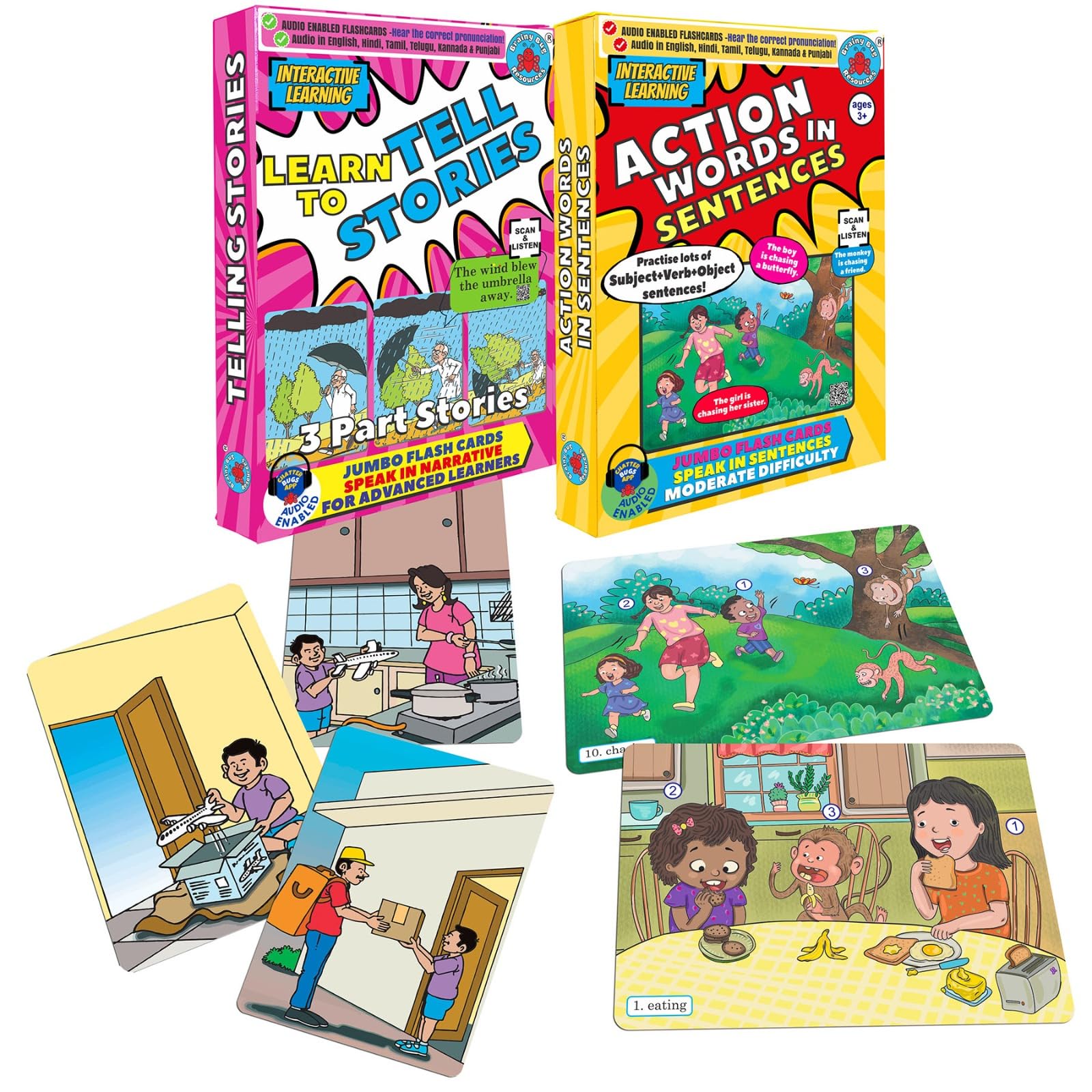 Brainy Bug Resources Audio-Enabled Flashcards | Story Sequences & Action Words In Sentences | Audio In Hindi, English, Punjabi, 