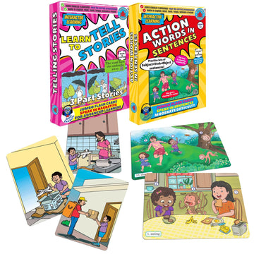 Brainy Bug Resources Audio-Enabled Flashcards | Story Sequences & Action Words In Sentences | Audio In Hindi, English, Punjabi, 