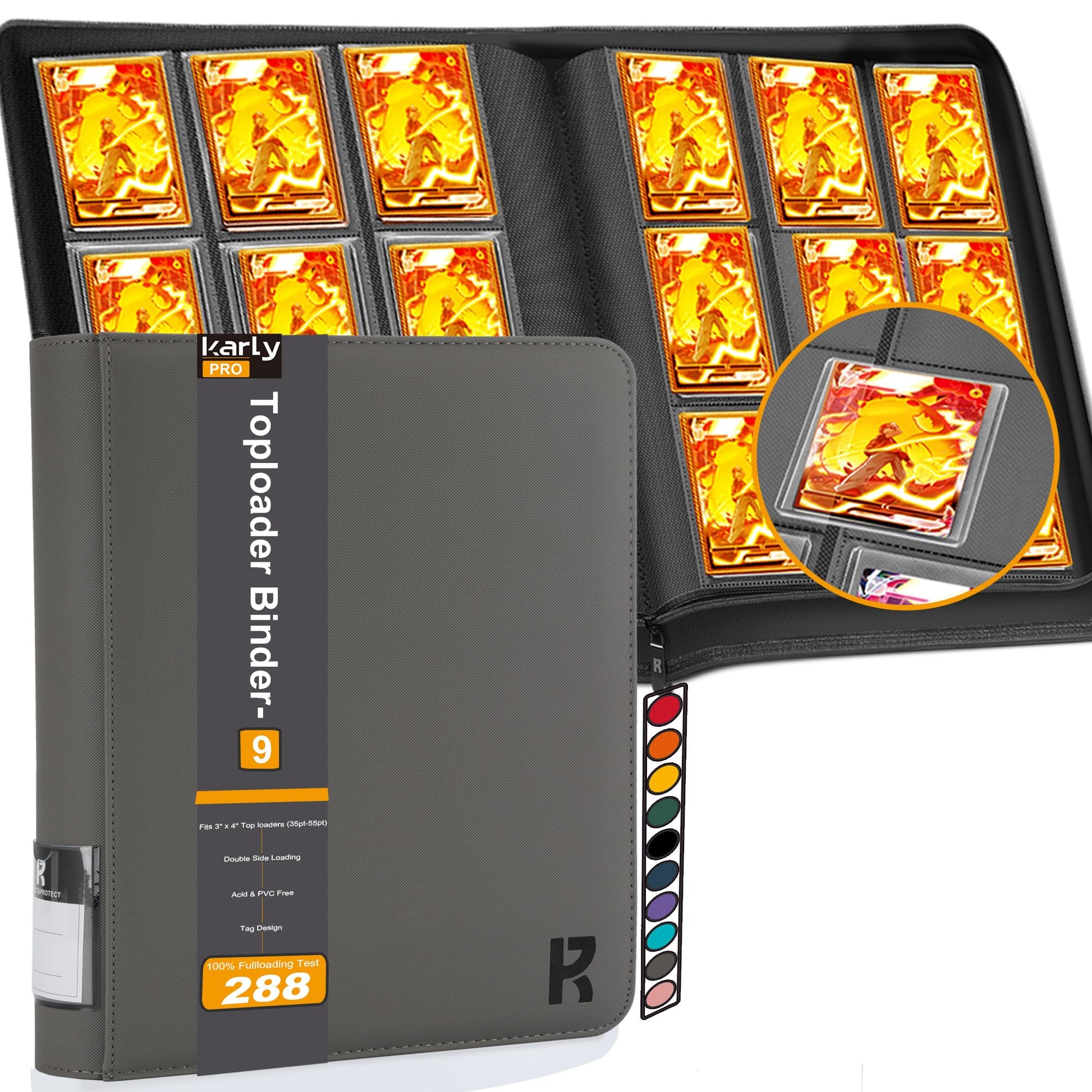 KarlyProTop loader Binder Hold 288 Cards Storage 9-Pocket enhanced Zipper Album Collection Binder for MTG TCG Sports Baseball Footbal or Other Trading Cards in 3 x 4 Sleevs -gray