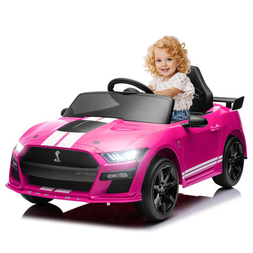 Funtok Licensed Ford Mustang Shelby Gt500 Ride On Car, 12V 7Ah Kids' Electric Car W/Remote Control, 16'' Wide Seat, 3 Speeds, Led Lights, Mp3, Bluetooth, Electric Vehicles For Kids To Drive (Pink)
