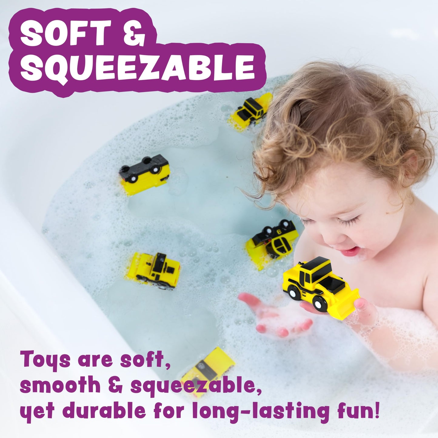 Tub Works® Construction™ Trucks Bath Toys, 6 Pack - Mold Free, Soft & Squeezable, Float on Water - Ideal for Babies & Toddlers, Yellow