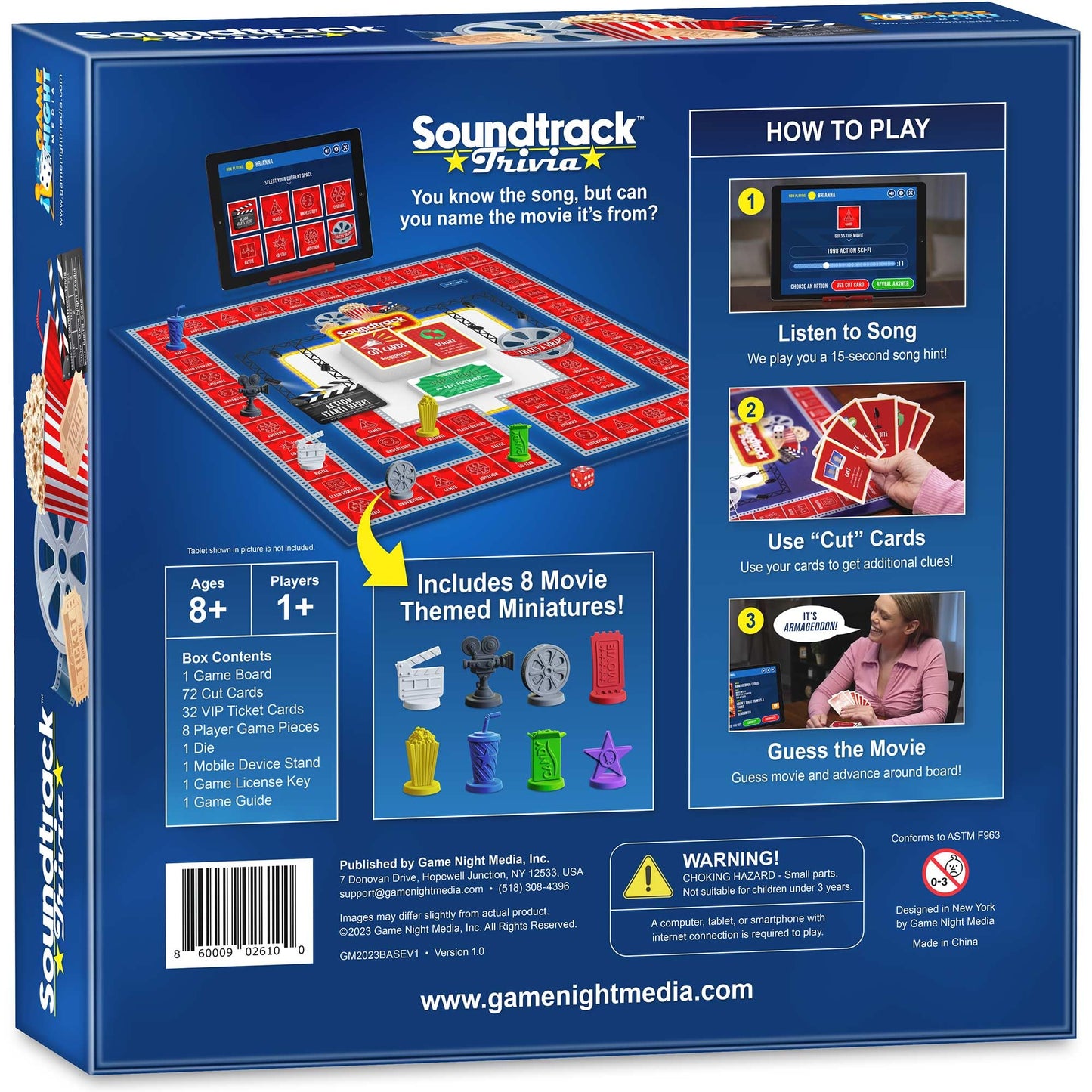 GAME NIGHT MEDIA Soundtrack Trivia Movie Game with Bluetooth Speaker, Hand Painted Pieces, 10.5"x10.5", Multi-color, Ages 8+