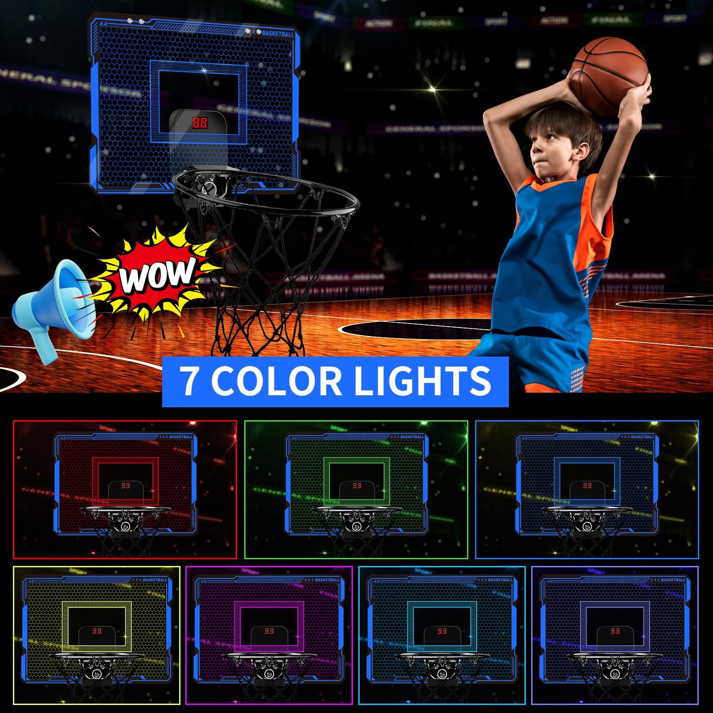 Basketball Hoop Indoor For Kids, Over The Door Basketball Hoops With Led Lighting & Audio Scoreboard, Mini Basketball Hoop Baske