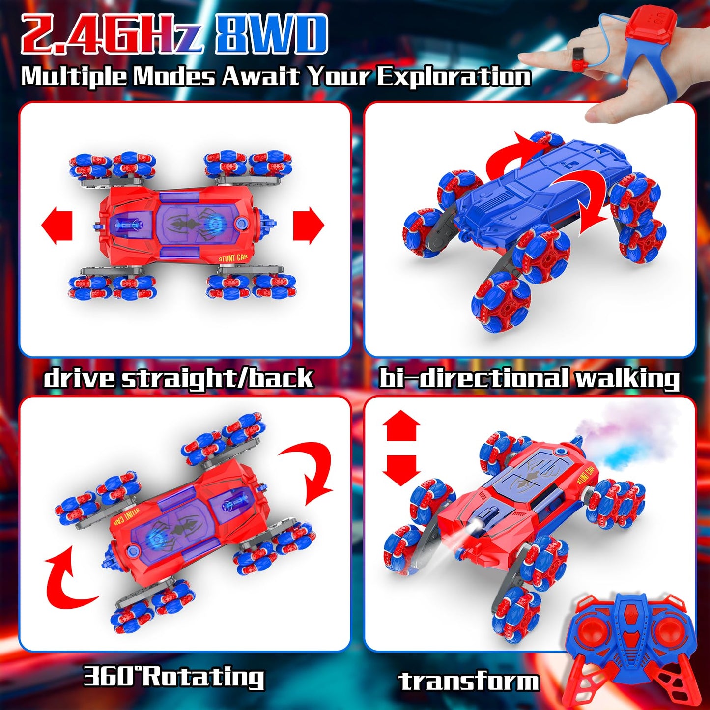 Remote Control Car for Boys Gifts: Spider RC Cars Toys for Ages 6 7 8 9 10 11 12 13 Years Old - 2.4GHz 8WD Wall Climbing Remote
