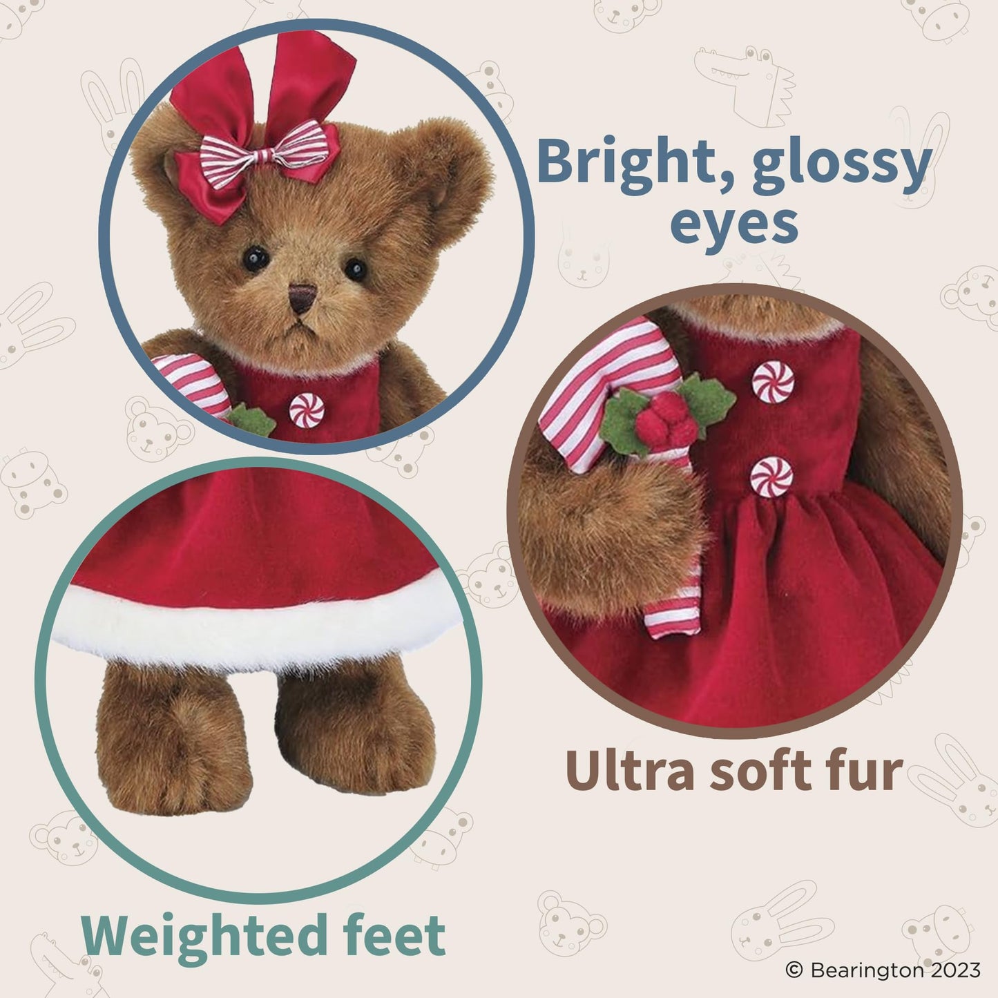 Bearington Collection Christa Cane Christmas Bear Stuffed Animal, 14 Inch, Teddy Bear Plush, Christmas Gift For Kids
