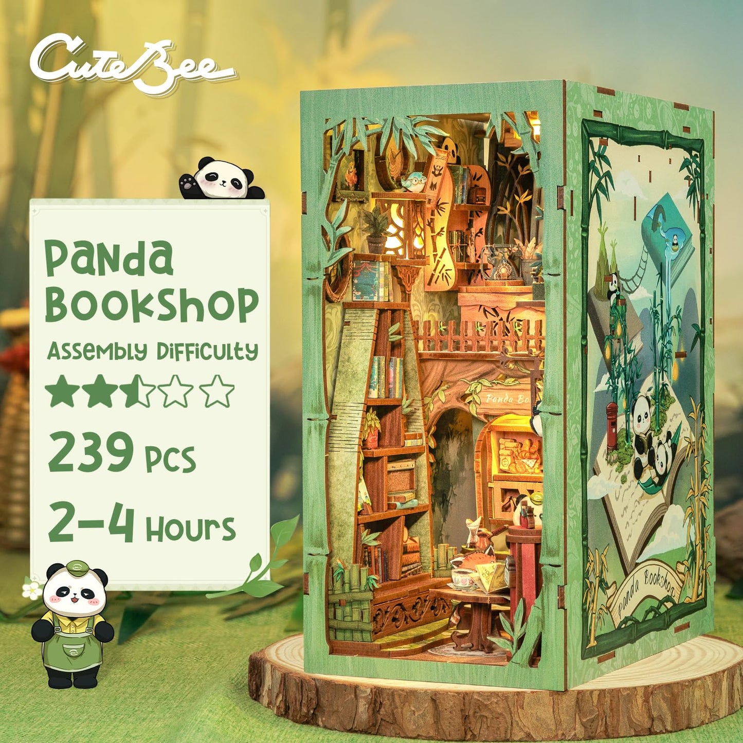 CUTEBEE Book Nook Kit - DIY Miniature House Dollhouse Kit for mature-themed and Teens  Booknook Bookshelf Decor Alley Model Build with LED Light  Gifts for Family and Friends (Panda Bookshop)