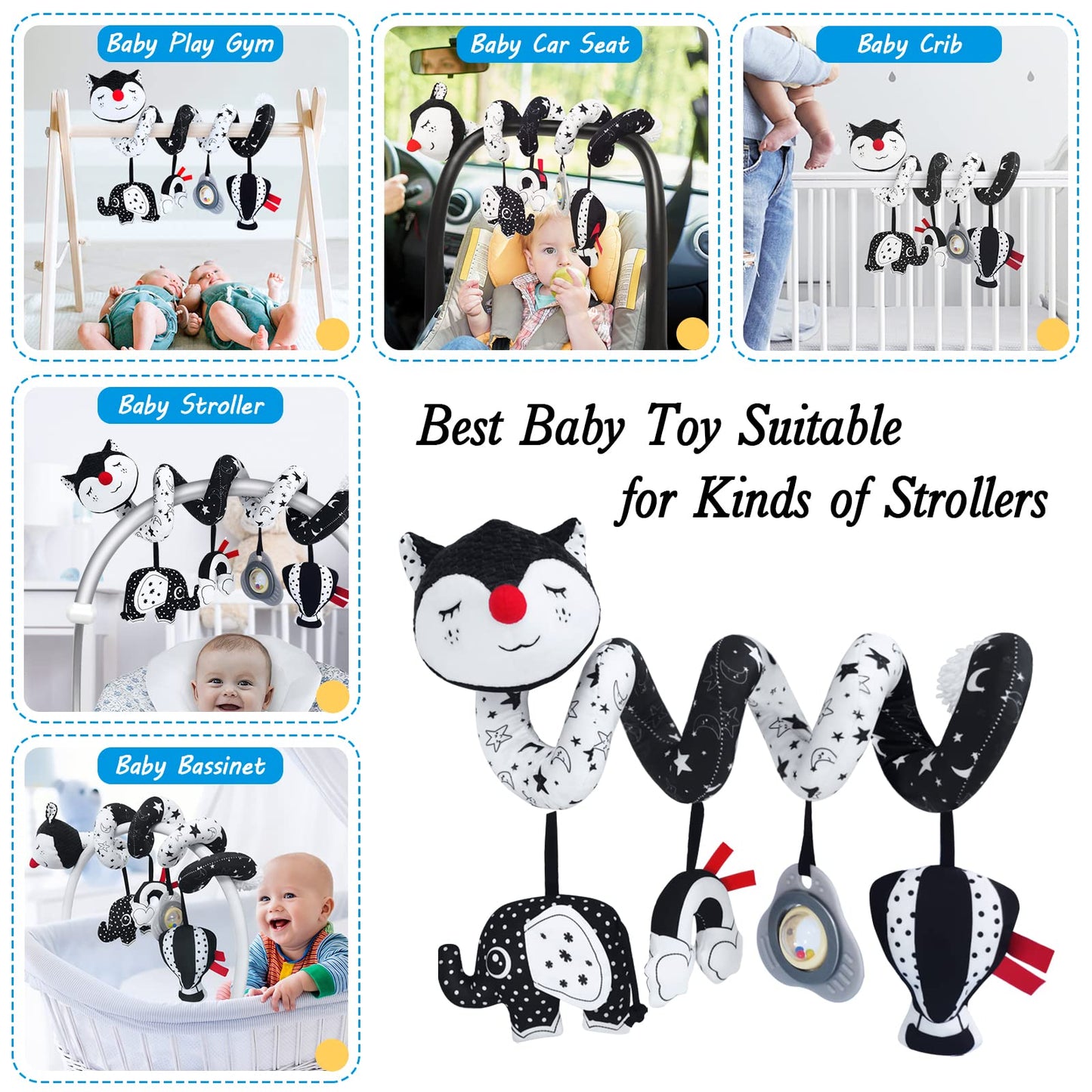 Car Seat Toys For Babies 0-6 Months, Black And White Spiral Carseat Toys For Infant 0-3 Months, High Contrast Baby Toys For 3-6