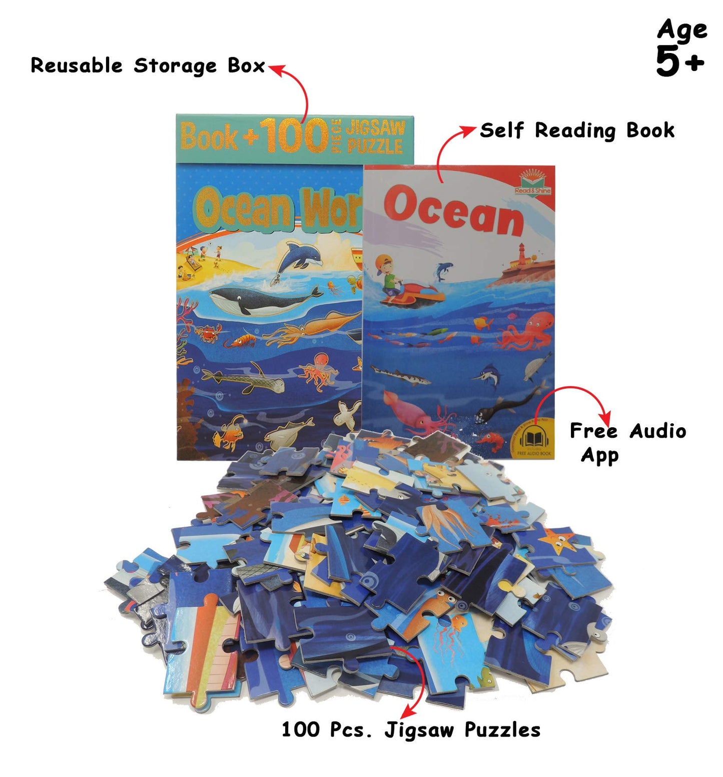 Pegasus Games & Puzzles Ocean World  Book + 100 Pieces Jigsaw Puzzle