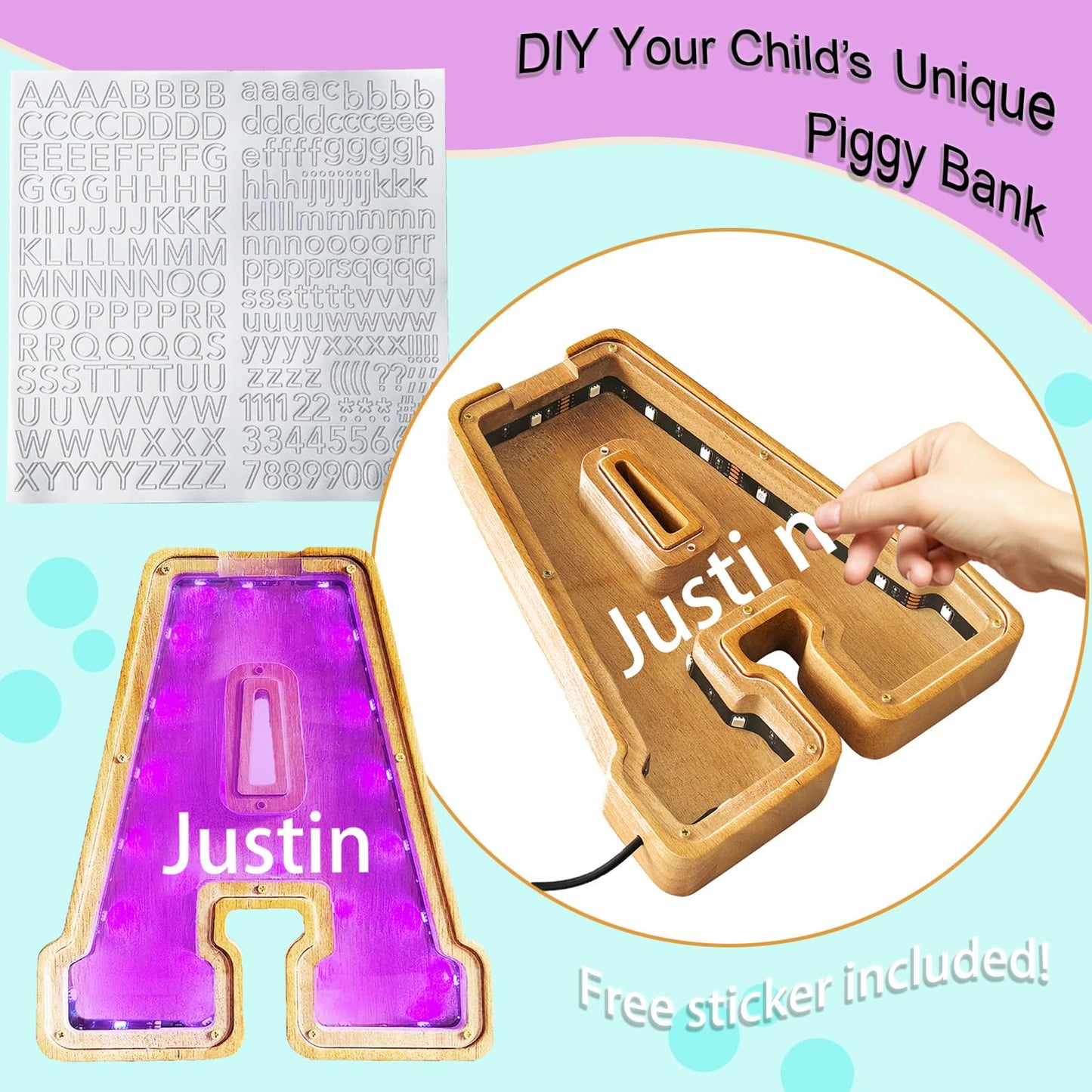 Wooden Letter Piggy Bank for Kids,9inch Kids Money Bank with LED Lights, Alphabet Coin Jar(A-Z), Birthday Gift for Kids, Toys fo