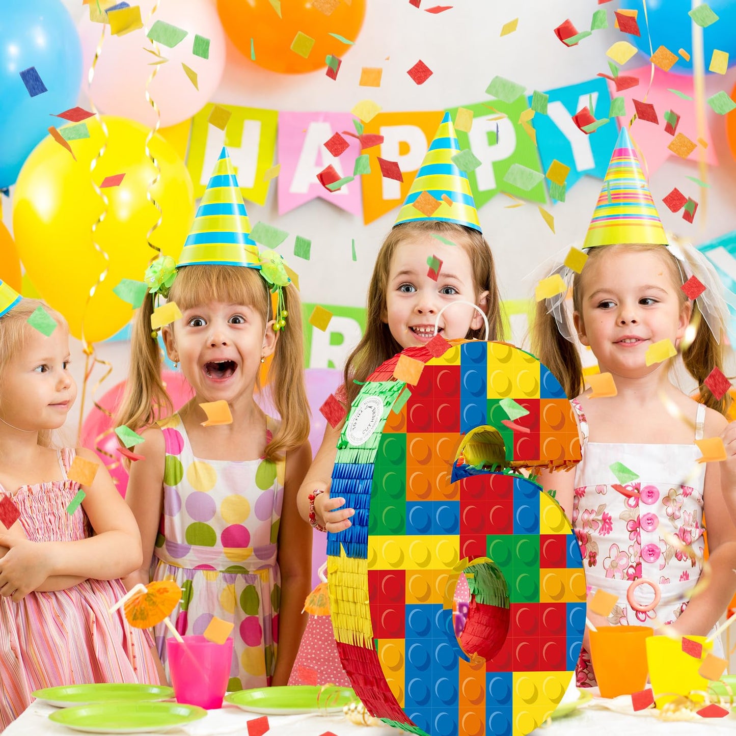 RoundFunny Number 6 Building Blocks Piata 16.5 Inch Party Supplies 6th Birthday Party Decorations Piata with Confetti Blocks The