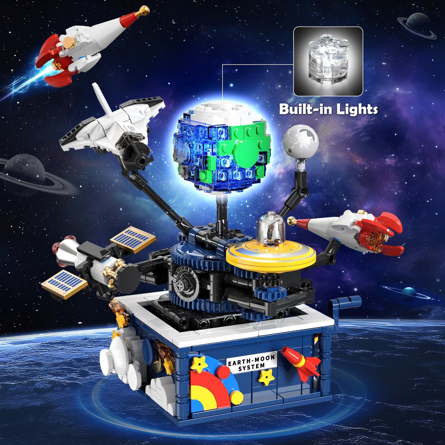 Cubimana Planet Rotatable Space Sets With Light - Earth & Moon Space Exploration Building Toys With Shuttle Spaceship Science Ki