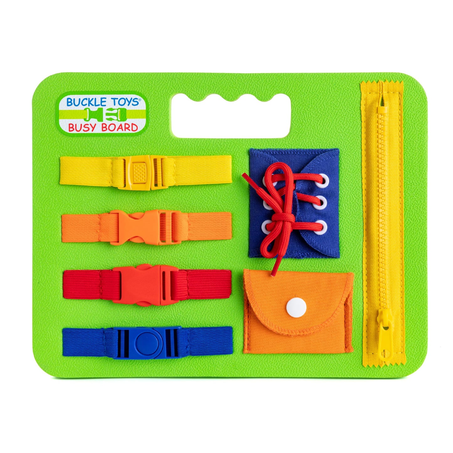 Buckle Toys Busy Board - Montessori Foam Sensory Toy for Toddlers - Green, Medium - Develop Fine Motor Skills